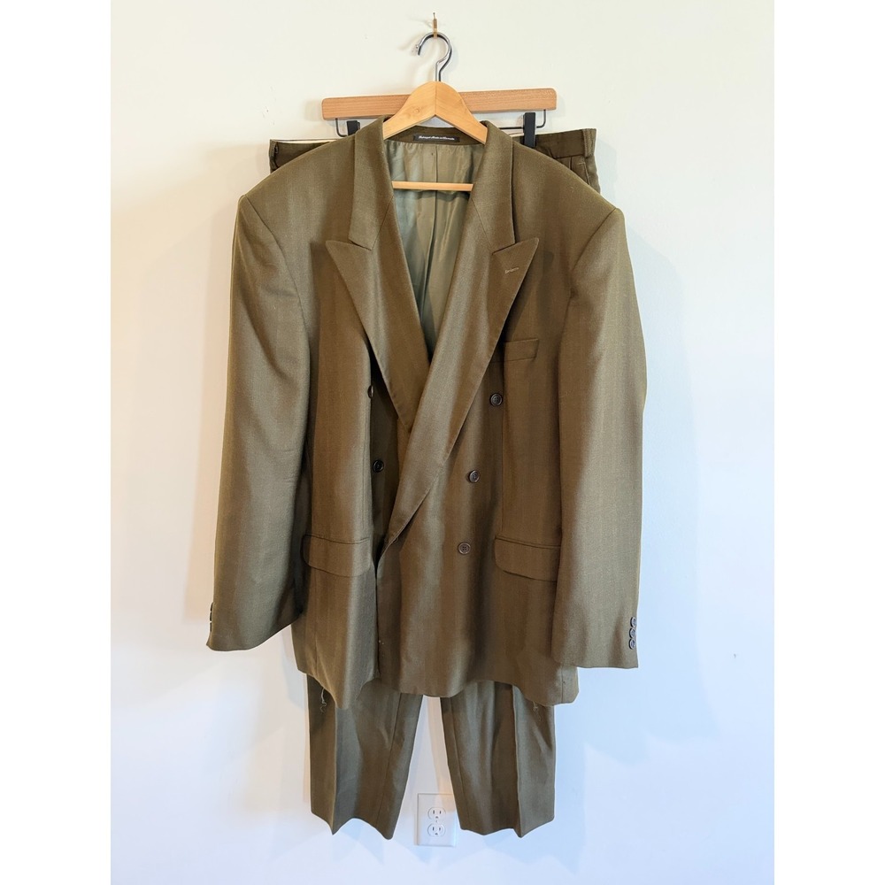 Vintage Cezar Chiano Wool Double Breasted Suit Mens Size 52R 40X34 Olive Green